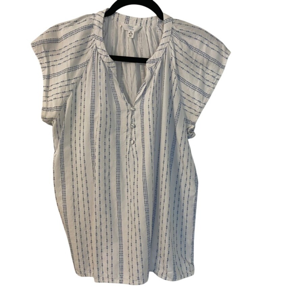 Blue White Striped Cap Sleeve Blouse Womens Medium 8-10 Cotton Blend Coastal